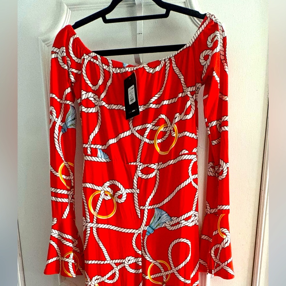 Red Rope-Print Long Sleeve Women’s Romper